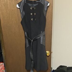 Karen Millen Black Midi Dress with Belt and Grommet Details